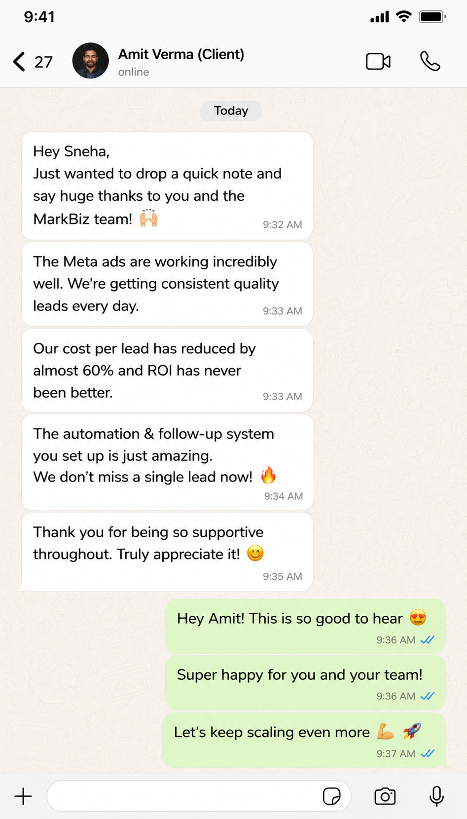 WhatsApp testimonial from Amit Verma - Meta ads working incredibly well, cost per lead reduced by 60%